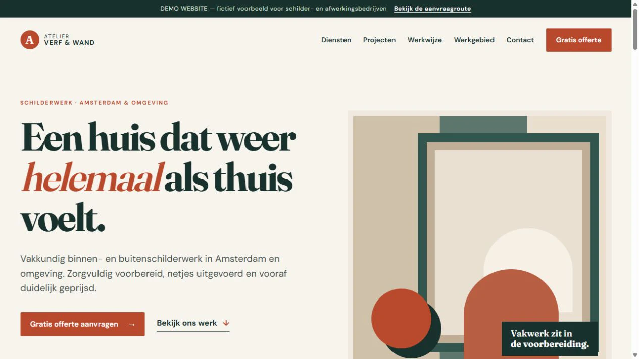 Atelier Verf & Wand fictional demo homepage with its visible demo banner, Dutch painting-service headline, and quote call to action.